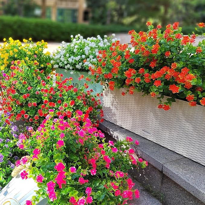 Grunyia 12 Bundles Artificial Flowers for Outdoors, UV Resistant Fake Flowers with Plastic Plants, Faux Flowers for Outside Window Box Front Porch Hanging Planter Decor(Orange Red)