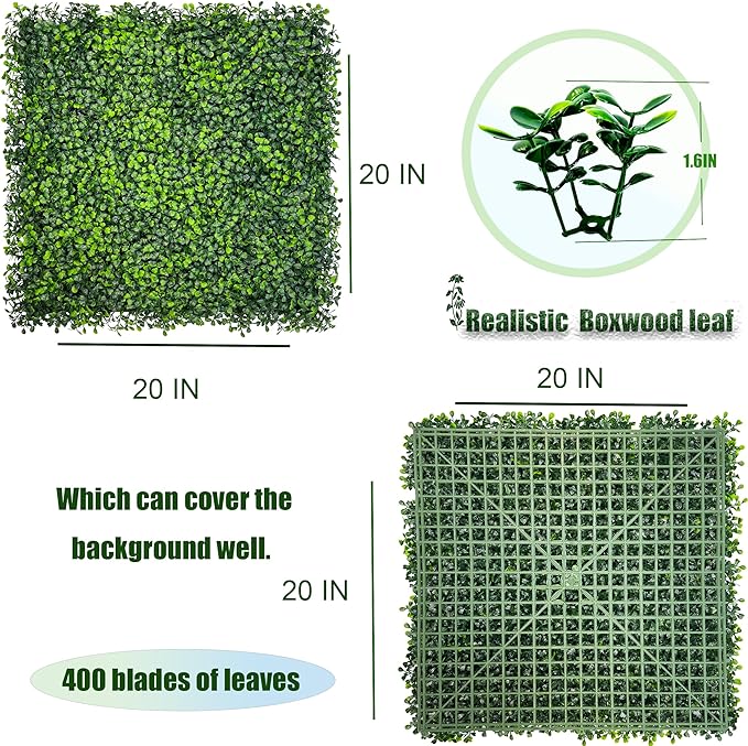 DOPGIB Artificial Boxwood Panels,20"x 20"(26P) UV-Anti Faux Grass Panels for Interior Wall, Greenery Backdrop,Garden and Indoor Outdoor Plant Wall&Fence Covering Privacy for Backyard Decor