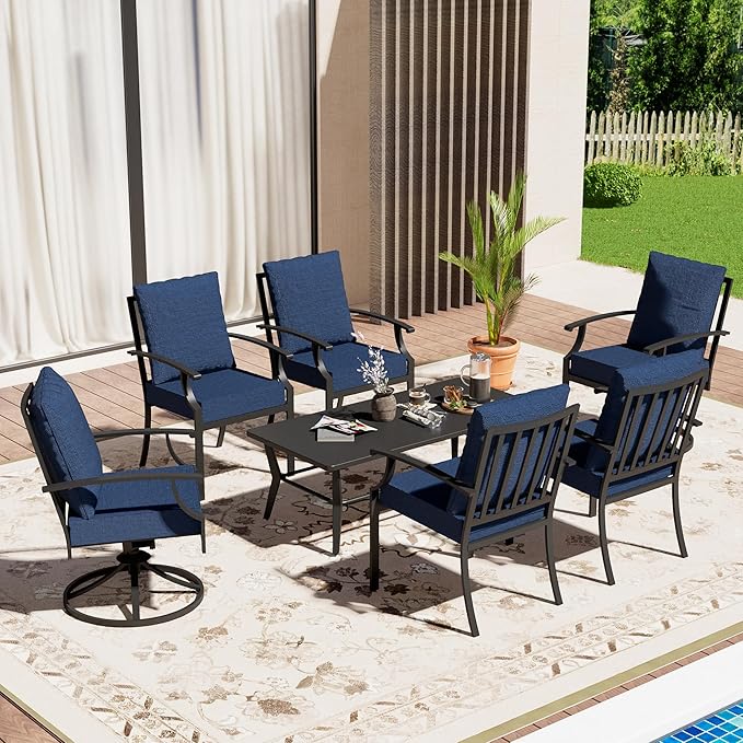 7-Piece Patio Conversation Set, Patio Furniture Set with 4 Stationary & 2 Swivel Chairs with Thick Cushions & a Rectangular All-Iron Coffee Table, Metal Patio Seating Set for lawns, Patio,Navy blue
