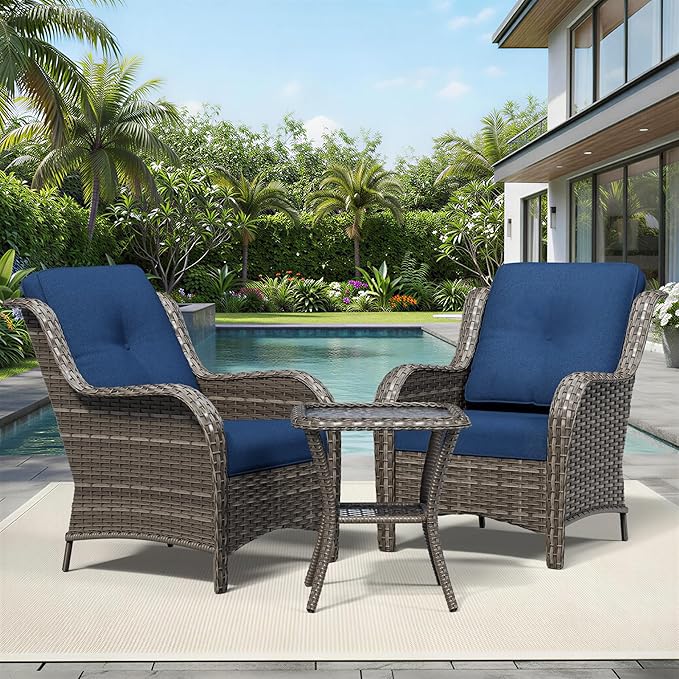 Joyside 3 Piece Wicker Patio Furniture Set, Rattan Patio Chairs with High Back, Deep Seating, Wide Armrest, Thickened Cushions, Outdoor Furniture for Deck, Porch Use