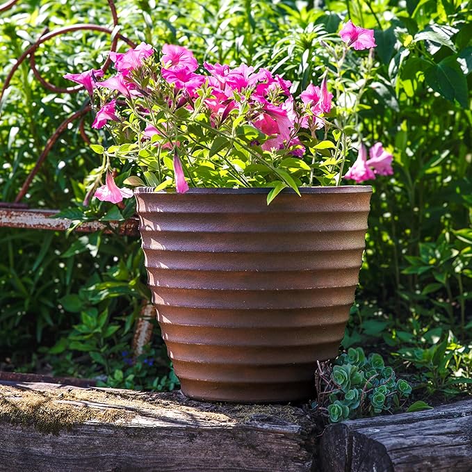 Sunnydaze Ribbed 13" Outdoor Plant Pot - Polyresin Double-Walled Planter for Indoor or Outdoor Use - Rust