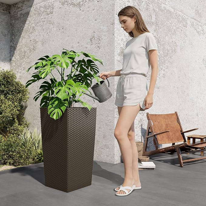 Vigo huseeo 23in Tall Planter Set of 2, Large Self Watering Pots for Indoor/Outdoor Plants with Drain Holes, Water Level Monitor, Inner Bucket for Front Porch Patio, Brown Rattan