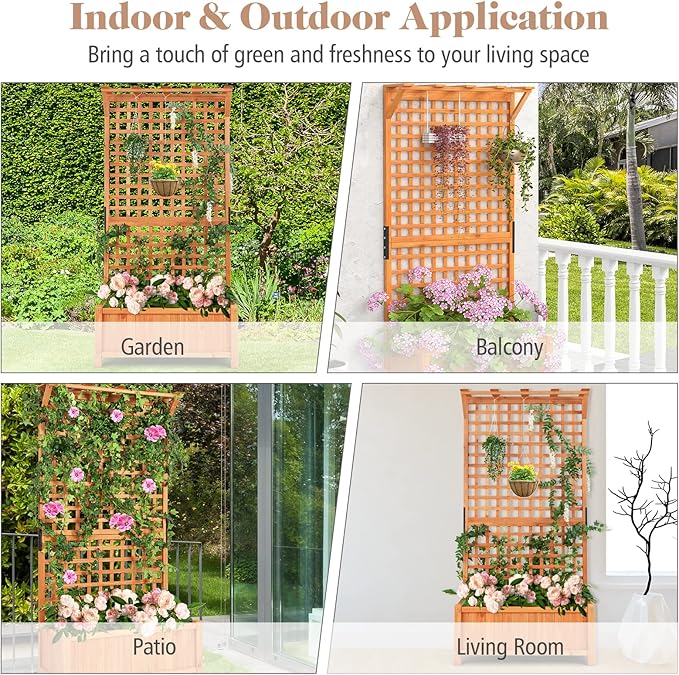 S AFSTAR Raised Garden Bed with Trellis, Wood Elevated Planter Box with Hanging Roof & Climbing Trellis, 4 Drainage Holes, 72.5" Tall Freestanding Planter Container for Vine Climbing Plants Flowers