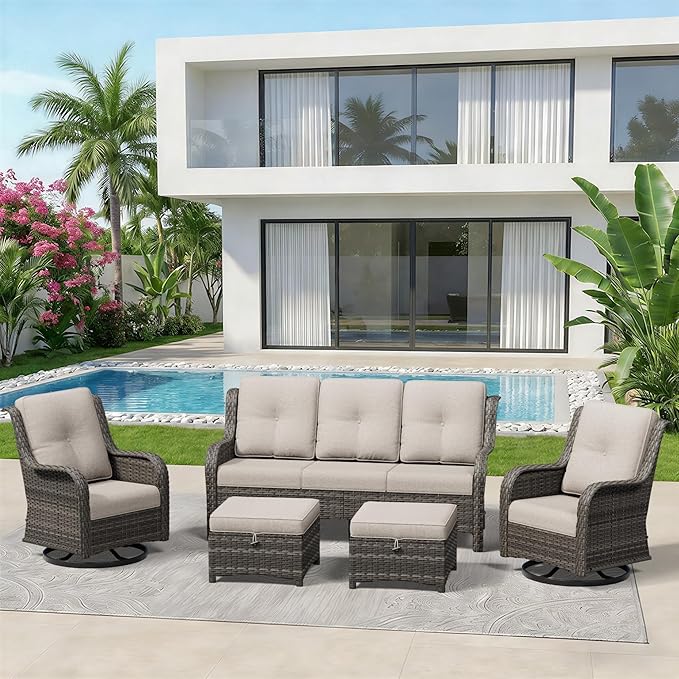 5 Piece Outdoor Wicker Patio Furniture Set, Outdoor Swivel Rocker Patio Chairs Set with Thickened Olefin Cushions, High Back and Deep Seating, Hand-Woven PE Rattan for Porch, Deck