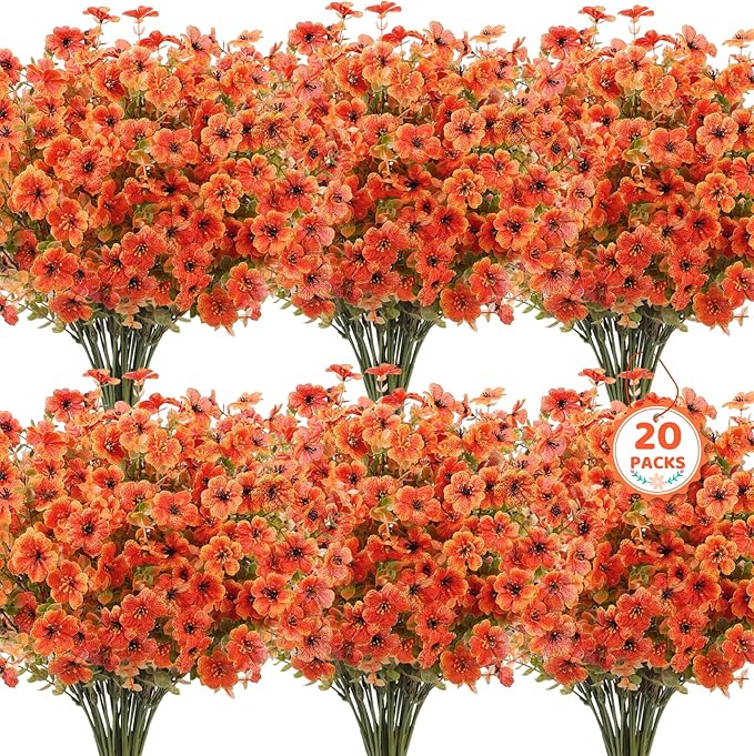 Besteek 20 Bundles Artificial Fall Flowers for Outdoors Decoration, Fake Mums Silk Daisy Faux Plastic Plants Boston Fern UV Resistant for Autumn Thanksgiving Garden Planters Home Decor, Orange