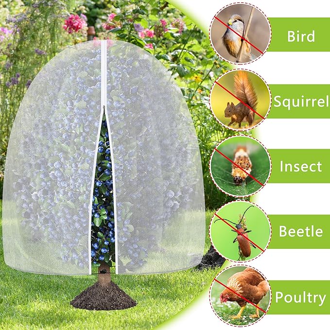 4 Pcs Fruit Tree Netting with Zipper & Drawstring, 4.9 x 3.2 Ft Garden Bird Netting Plant Cover, Blueberry Tomato Insect Bird Barrier Tree Net Protection Cover for Protecting Plants Vegetables Fruits