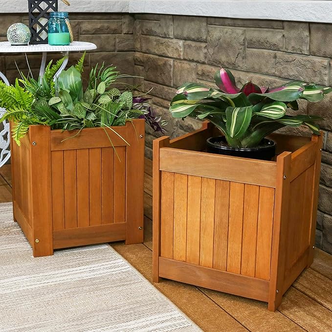 Sunnydaze 16-Inch Meranti Wood Planter Boxes for Outdoor Plants - Square Large Planter Boxes with Teak Oil Finish - Set of 2