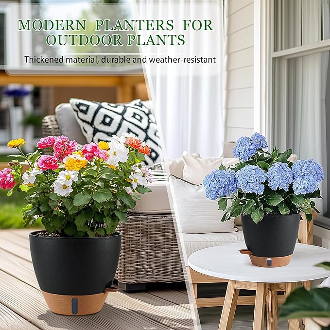 Fielda Self Watering Pots for Inoor Ourdoor Plants 10/9/8/7/6.5 Inch Plastic Planters with Drainage Holes & Water Level Indicator, Decorative House Flower Nursery Planting Pots with Saucers (Black)