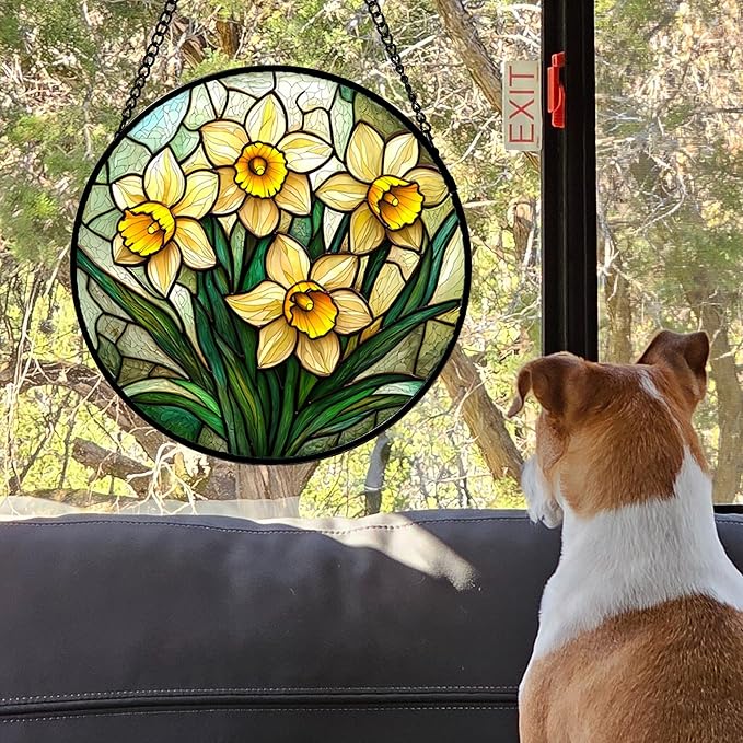 DASTOLL Stained Glass Window Hanging, Daffodil Plant Flowers Sun Catchers Diamond Glass Panel Hangings Suncatcher Decor for Birthday for Women, Men, Wife, Aunt, and Mom 14.9x14.9 in
