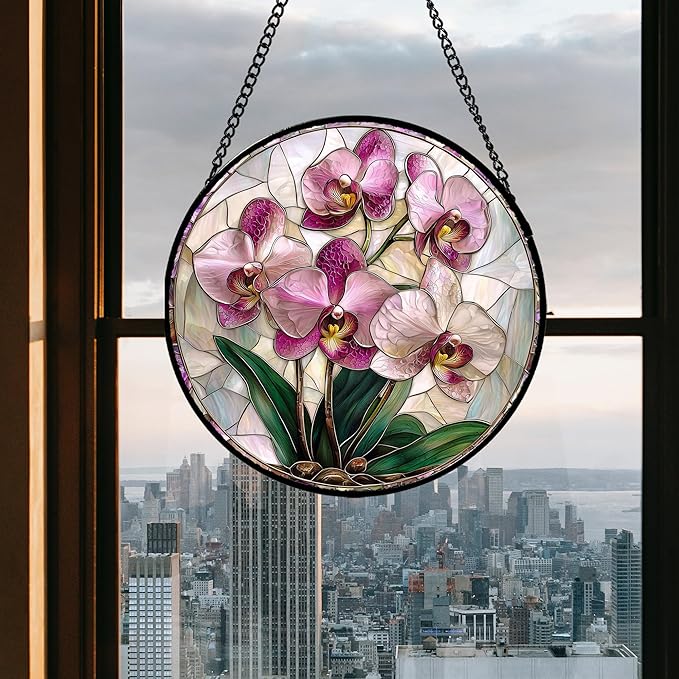 AMDERVEN Stained Glass Window Hanging - Pink Purple Phalaenopsis Flowers Sun Catcher for Door Home Decor Plant Suncatcher Christmas Mother's Day Birthday Gifts for Women Men Mom Nana 6.3 in