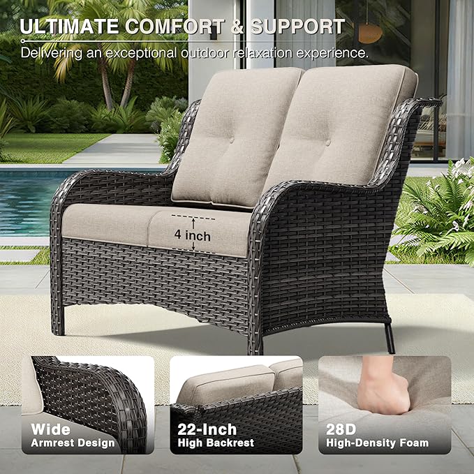 Joyside 5 Piece Wicker Patio Furniture Set, Rattan Patio Chairs with High Back, Deep Seating, Wide Armrest, Thickened Cushions, Outdoor Furniture for Deck, Porch Use