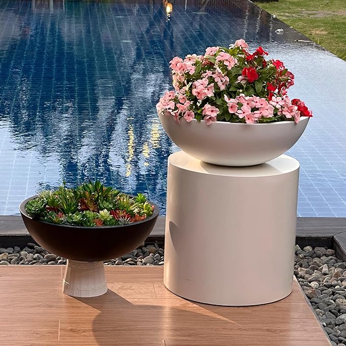 KUTE NEST 6.9" H x 19.7" D Round Bowl Fiberstone Planter for Succulent and Lotus with Drainage Hole, Smooth Finishes, Weather Resistant, Included 2 Extra Coco Mats (Taupe, 17.9" Pot Opening)