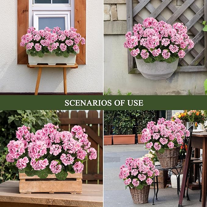 Uqueeten 4PCS Fake Flower Artificial Geranium,Artificial Flowers for Outdoors, Geraniums Artificial Flowers Realistic,Artificial Geraniums for Outdoors Fake Plant Decoration((Pink) 14.4"