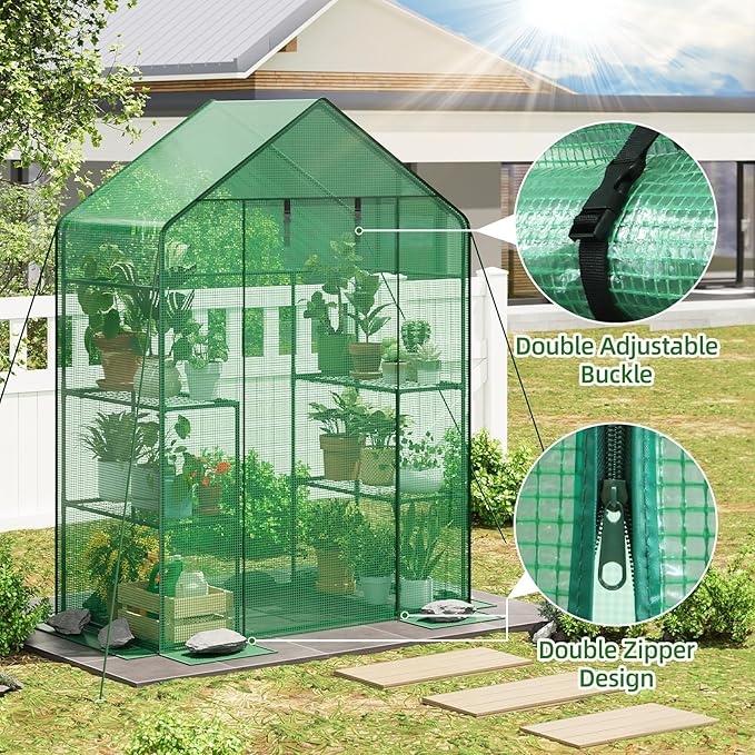 Superlele Walk-in Greenhouse for Outdoor, 56x29x77 Inch Portable Garden Green House with 6 Tiers (3 Tiers Each Side), Reinforced Green PE Mesh Cover, 4 Ground Stakes for Stability, Zippered Door