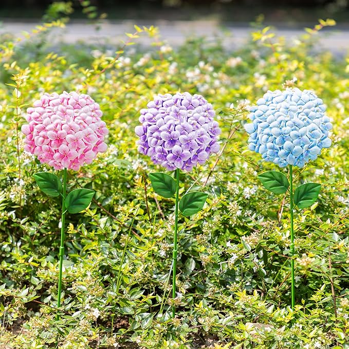 Glitzhome Set of 3 Hydrangea Garden Stakes, Metal Flower Yard Stakes with Hand Painted Color Design, Iron Garden Yard Spring Decor or Wall Decor, 24”H