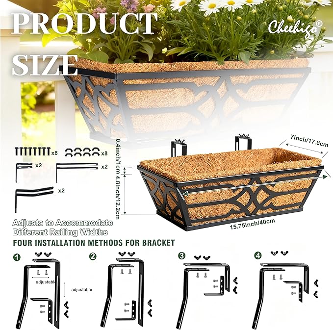 Railing Planter Box, Window Planter Boxes Outdoor 4 Pack 16 Inch Hanging Planter with Adjustable Bracket for Porch, Fence Flower Baskets with Coco Liners