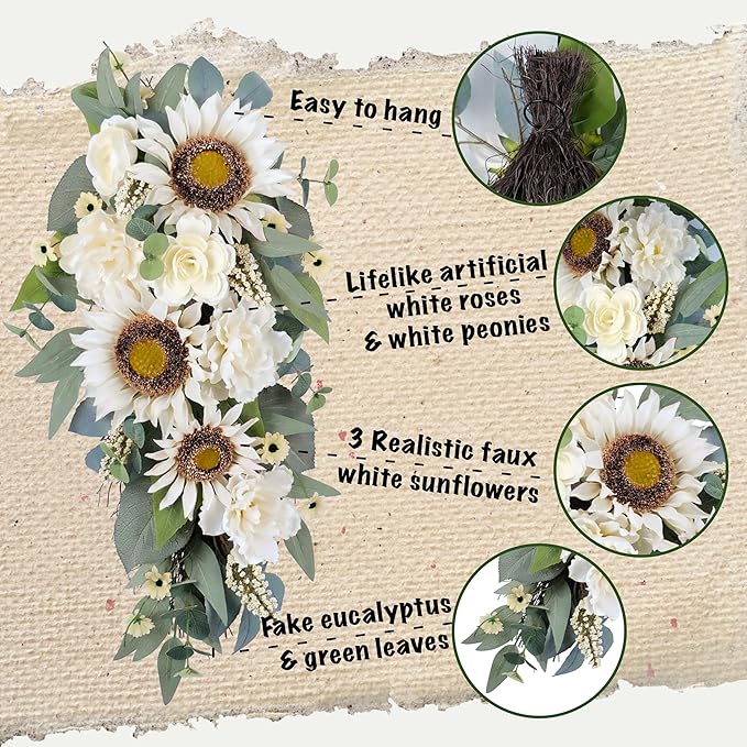 Summer Swag - 28” Sunflower, Peony, Rose Teardrop Swag for Front Door, Porch Wall, Window - Artificial White Flowers Teardrop Wreath for Home Spring, Summer, Fall, All Seasons, Everyday Decor (1)