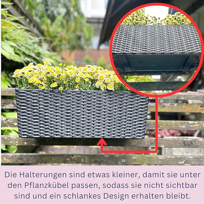 LaLaGreen Outdoor Rail Planter for Balcony (20 Inch, 2 Pack) Large Black Self Watering Deck Railings Planters with Brackets, Rectangular Plastic Fence Flower Box Designer Choice with Rattan Pattern
