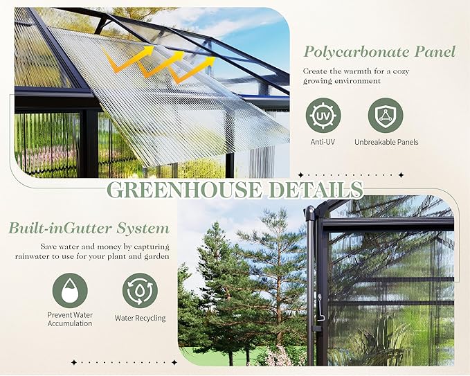 Jocisland 7.5x7.6x7.4 FT Outdoor Aluminum Polycarbonate Greenhouse with Ventilation and Rain Gutter, Double Swing Doors with Hook, Walk in Greenhouse for Outdoors, Backyard, Garden (Black)