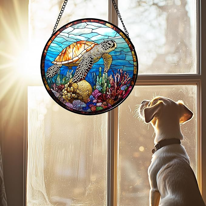 Stained Glass Window Hanging Blue Sea Ocean Coral Turtle 9.8" - Suncatcher Door Garden Sunroom Sun Catcher Home Decor Birthday Christmas for Mom Men Woman Nana