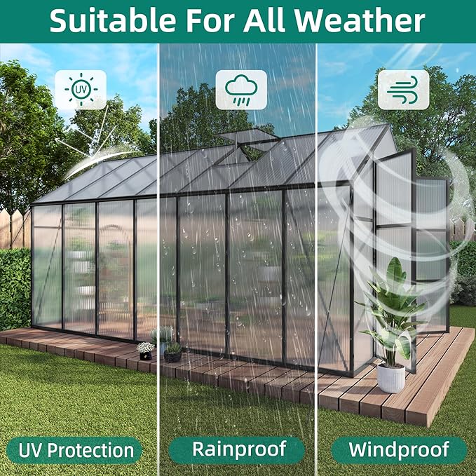 KEIKI 8x14 FT Polycarbonate Greenhouse for Outdoors, Heavy-Duty Walk-in Aluminum Greenhouse with Anchor Base, Light-Transmitting Panels & Drainage System, Black