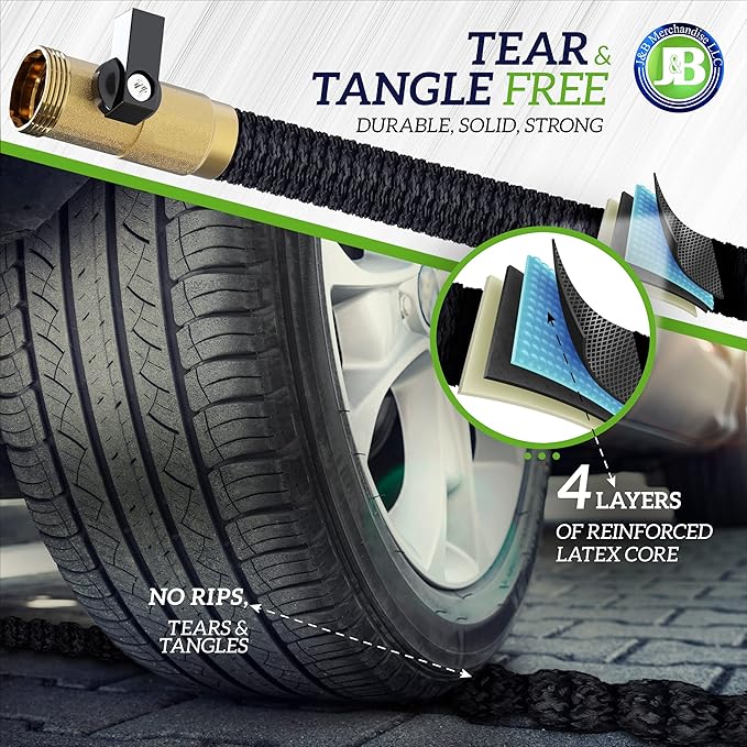 J&B XpandaHose 50ft Expandable Garden Hose – Ultra-Strong 3750D, 4-Layer Latex Core, Brass 3/4" Connectors, 10-Pattern Nozzle & Storage Bag – Lightweight, Kink-Reducing, Leak-Resistant