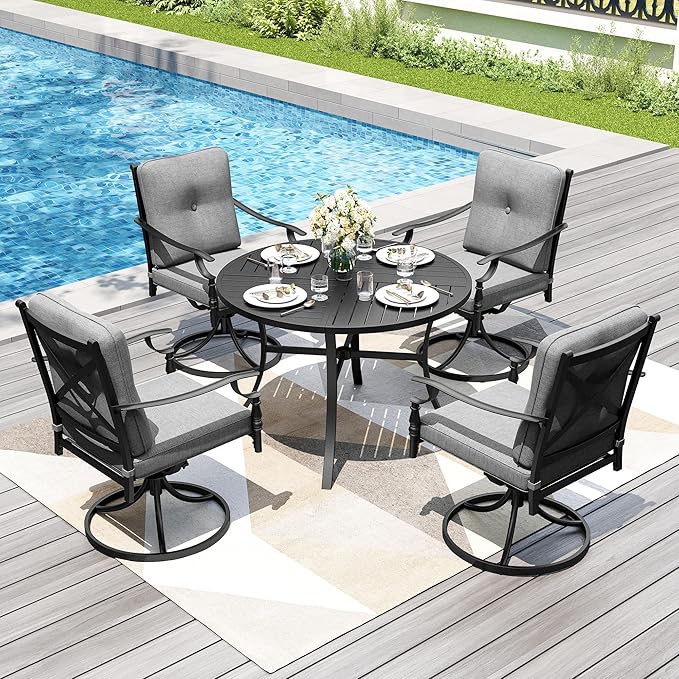 PHI VILLA Outdoor Steel Swivel Dining Chairs Set of 4, Heavy-Duty Rustproof Black Wrought Iron Armchairs with Thick Cushions, Large Seating Furniture for Patio, Deck, Backyard, Porch