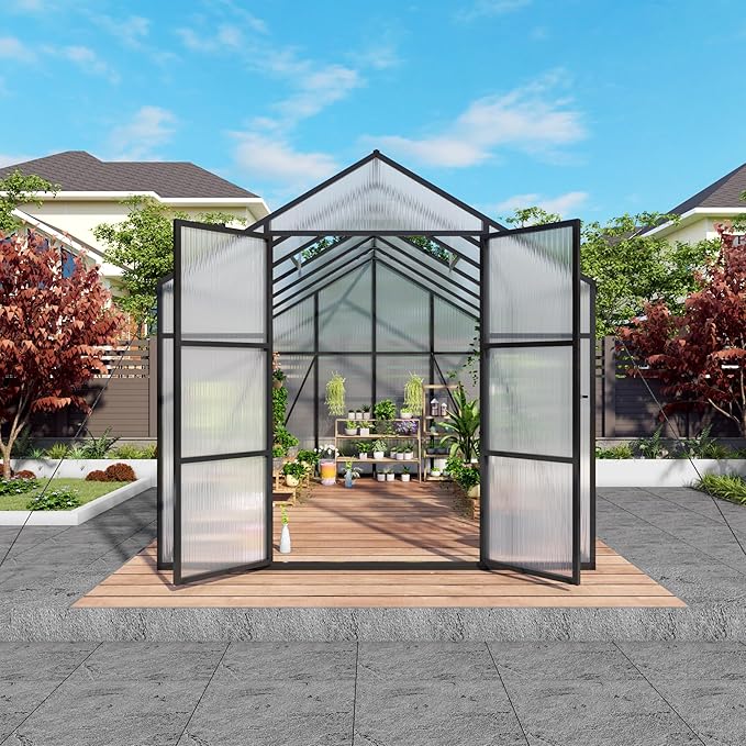 8x12T Greenhouse,Outdoor Polycarbonate Greenhouse with Roof Vent & Drainage System,Heavy Duty Aluminum Walk-in Green Houses for Outside Garden Backyard,Easy Assembly,Black