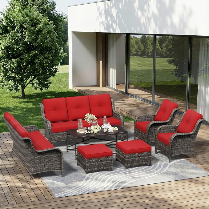 7 Piece Outdoor Wicker Patio Furniture Set, Patio Chairs Set with Thickened Olefin Cushions, High Back and Deep Seating, Hand-Woven PE Rattan, Ottoman for Porch, Deck