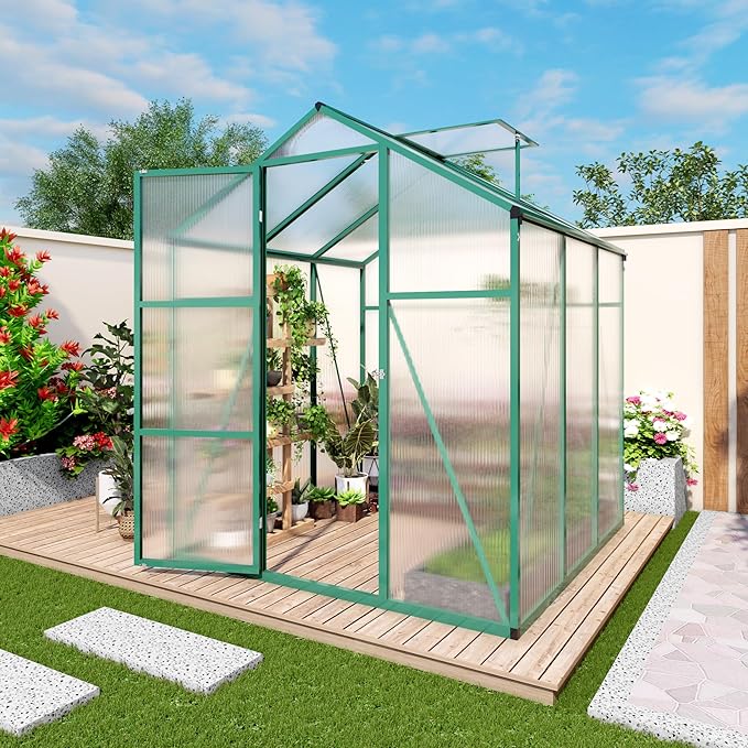 6x6 FT Greenhouse,Outdoor Greenhouse W/ Roof Vent,Walk-in Aluminum Polycarbonate Green Houses W/ Drainage System & Ground Nails,for Outside Garden,Backyard,Patio,Lawn,Green