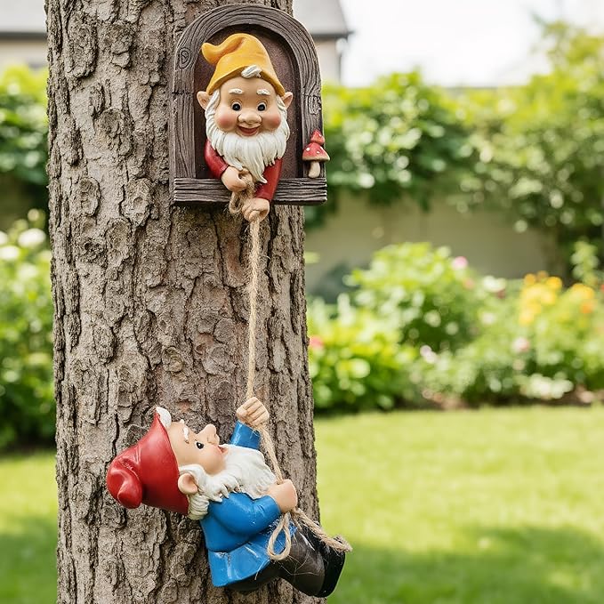 Real Gnome Statue, Garden Climbing Elves Sculpture, Outdoor Fairy Door Figurines, Fairy Hanging Decor, Tree Hugger Perfect for Garden Lovers Lawn, Patio,Yard Decor,Tree Peeker (2Pcs)