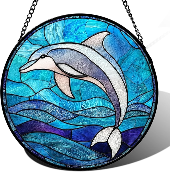 Stained Glass Suncatcher, Blue Ocean Dolphin Sun Catcher Marine Life Stain Glass Indoor Window Hanging Decoration Mother's Day Birthday Gifts for Women Men Mom and Nana 7.8 in