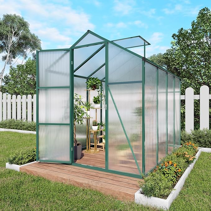 6x8.1 FT Greenhouse for Outdoors, Polycarbonate Greenhouse with Stronger Wind Protection, Lockable Door and Roof Vent, Large Walk-in Aluminum Sunroom for Garden, Backyard, Lawn, Green