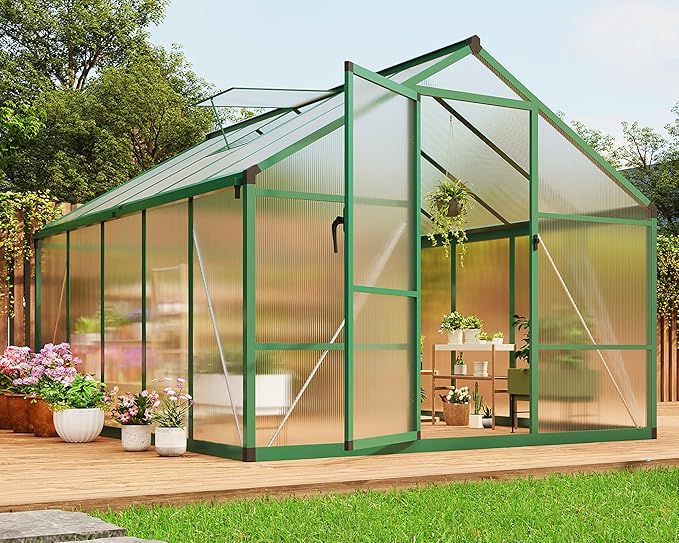 8 X 10 FT Greenhouse, Outdoor Greenhouses, Polycarbonate Panels with Aluminum Frame, Adjustable Roof Vent and Lockable Door, Green Houses for Outside Backyard, Garden, Green