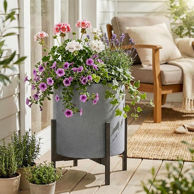FaithLand Plant Pot 12 inch - Perfectly Fits Mid-Century Modern Plant Stand - Drainage Plug - Gray Planter Pot