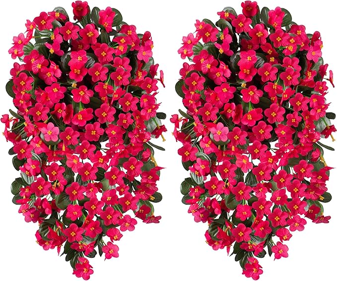 Artificial Faux Hanging Flowers Plants for Outdoor Outside Fall Decoration, 2 PCS Fake Silk Hotpink Daisy Mums Long Vines UV Resistant Realistic for Home Porch Patio Balcony Window Planter Pot