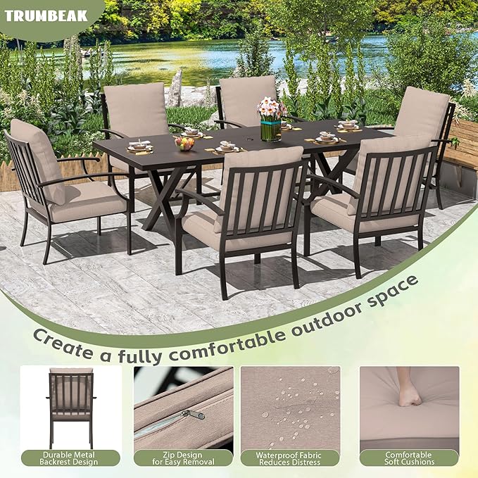 7-Piece Patio Dining Set Outdoor Conversation Set,Metal Outdoor Furniture Set with Umbrella Hole Cut-Out 78.7" x 35.4" Table and 6 Metal Backrest Chairs for Backyard,Garden,Sand