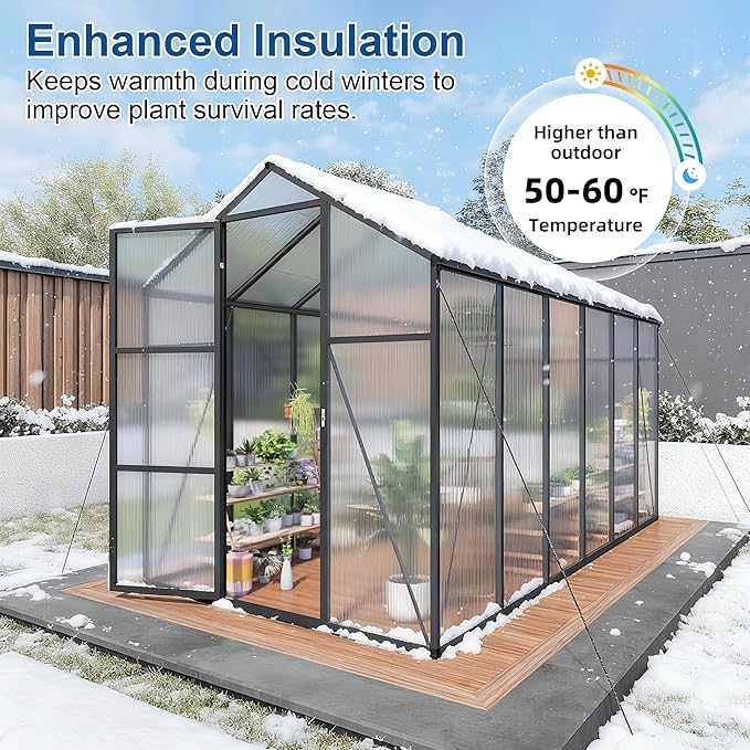 KEIKI 6x12 FT Polycarbonate Greenhouse for Outdoors, Durable Aluminum Walk-in Greenhouse with Gutter Drainage & Tall Growing Space for Plants, Black