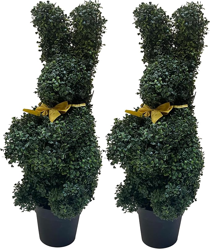 BLONYUVC Bunny-Shaped Topiary Ball 36'' Artificial Tree Rabbit Bowknot Pot UV-Resistant Faux Boxwood Topiaries Plant for Porch Decor Outdoor/Indoor 2 Pack