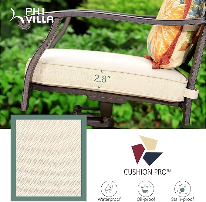 PHI VILLA Cast Aluminum Outdoor Patio Swivel Dining Chairs, Extra Wide Armrest Chairs with Seat Cushion, Casting Aluminum Back for All Weather, Set of 2
