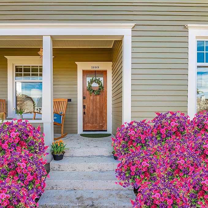 Artificial Flowers for Outdoors 12 Bundles Realistic Faux Plants UV Resistant Fake Silk Morning Glory with Eucalyptus for Front Door Planter Patio Porch Spring Summer Decoration (2 Mixed Color)