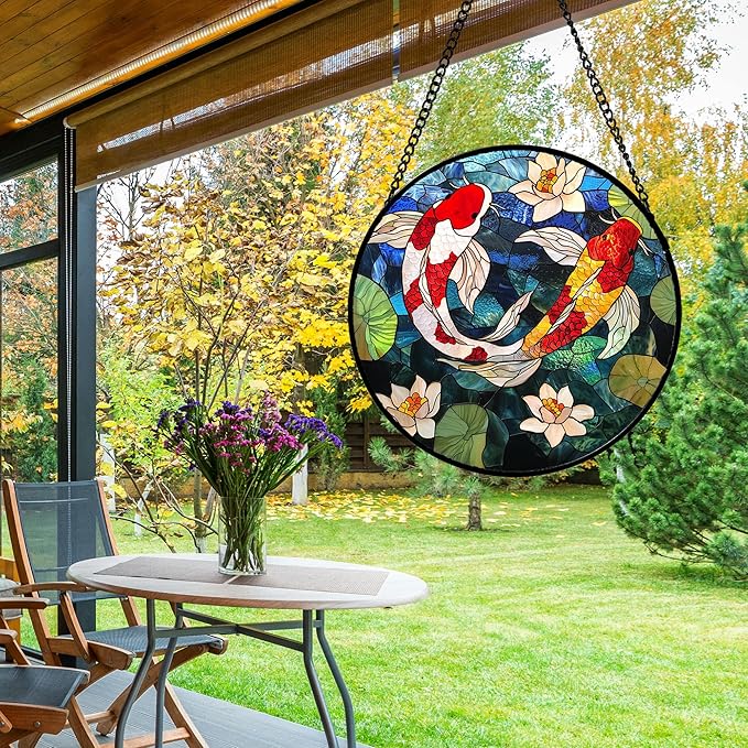 AMDERVEN Stained Glass Window Hanging, Koi and Lotus Sun Catcher for Door Home Decor Fish Suncatcher Christmas Mother's Day Birthday Gifts for Women Men Mom and Nana 7.8 in