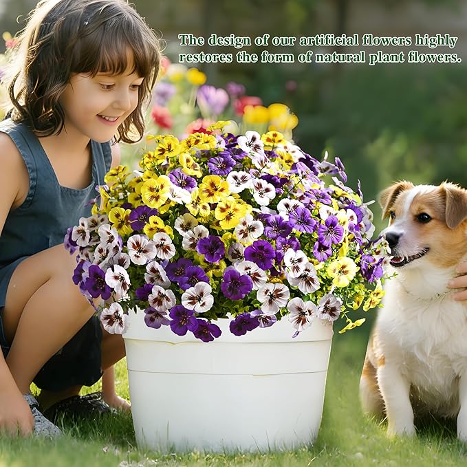 Waipfaru 36 Bundles Artificial Pansy Flowers for Outdoor, UV Resistant Faux Silk Flowers for Outdoor Planters Front Door Porch Yard Patio Window Box Home Decor (Purple, Yellow, White)