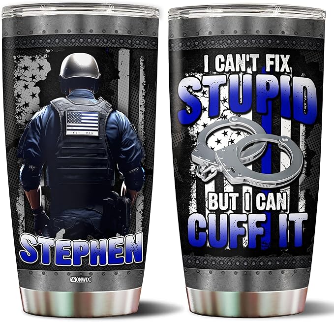 WONWIX Personalized Police Tumbler Gifts for Men 20oz with Lid Travel Cup Coffee Mug Stainless Steel Insulated Water Bottle Gift for Police Man Dad Father Boy Friends