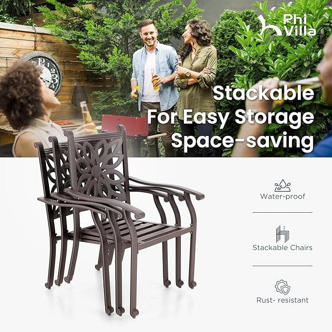 PHI VILLA Outdoor Patio Aluminum Dining Chairs Set of 2, Extra Wide Armrest Stable Chairs with 2.8" Seat Cushion, Casting Frame for All Weather