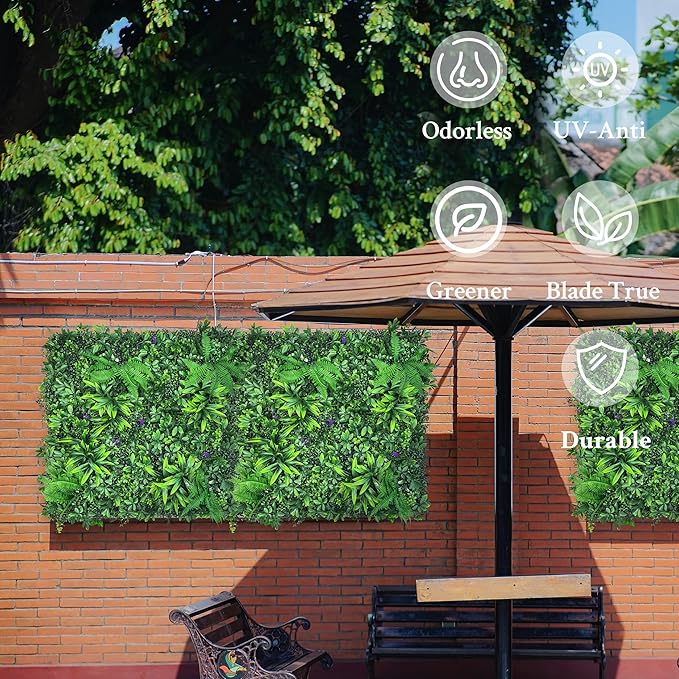 ODTORY Artificial Greenery Wall Panels: 20"x 20" 2P UV-Anti Faux Green Grass Wall Privacy Backdrop Fence Screen for Garden Fence Covering Privacy, Outdoor Indoor Home Decor