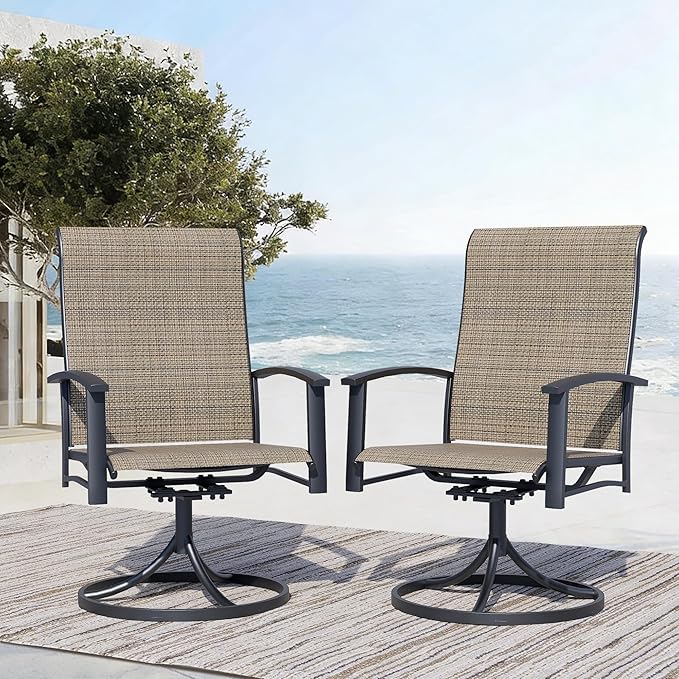 Outdoor Swivel Dining Chair Set of 2, All Weather Patio Dining Chair with Textilene High Back and Metal Frame for Backyard, Lawn Garde and Deck, Mocha