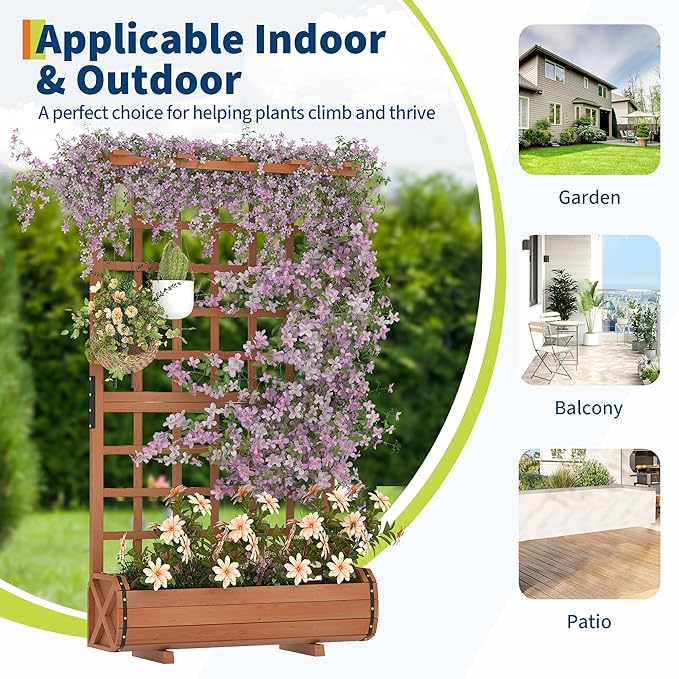 GarveeLife 67" h Raised Garden Bed with Trellis & Roof - Wooden Planter Box with Drainage, Freestanding Outdoor Garden Box for Climbing Vines, Vegetables, Flowers - Perfect for Yard, Patio, Balcony
