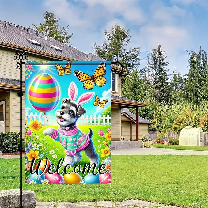 Spring Summer Garden Flag Flower Dog Garden Flags For Outside Welcome Flags 12x18 Double Sided Yard Outdoor Decorative Egg Butterfly Garden Flag