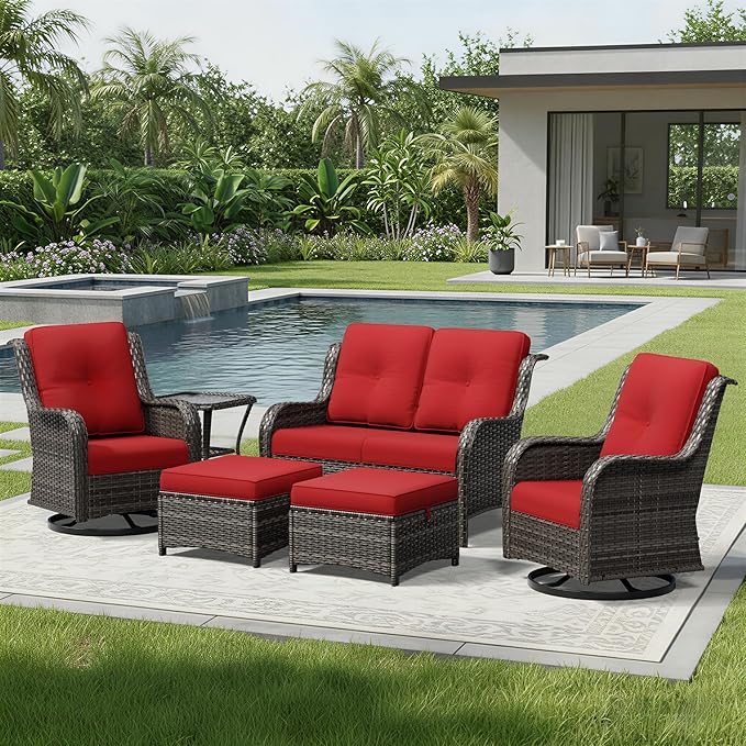 Joyside 6 Piece Wicker Patio Furniture Set, Outdoor Swivel Rocker Patio Chairs with High Back, Deep Seating, Wide Armrest, Thickened Cushions, Outdoor Furniture for Deck, Porch Use